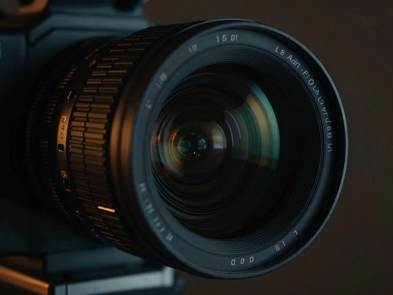Cinematic close-up of an anamorphic camera lens, high-contrast dramatic lighting, deep shadows with subtle amber accents, 35mm film grain look.