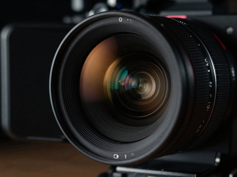 Dramatic close-up of a professional cinema camera lens with subtle amber reflections, high-contrast dark environment, cinematic editorial style.