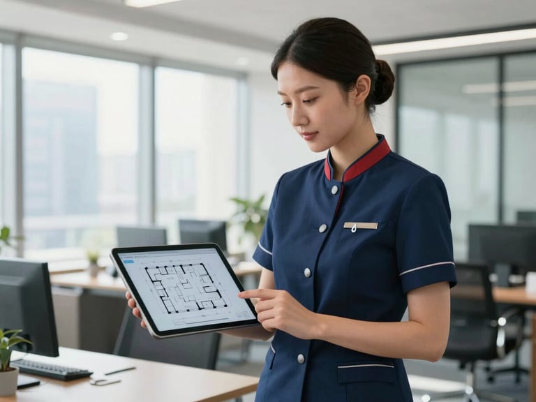 A professional coordinator in a clean navy uniform referencing a digital floor plan on a tablet inside a high-end corporate office, bright daylight.