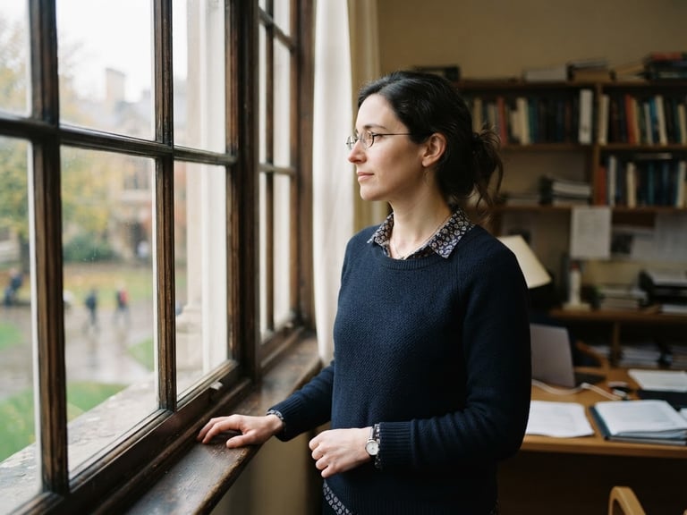 A quiet environmental portrait of an academic researcher looking thoughtfully out a large window, soft natural daylight, shallow depth of field, 35mm, muted deep navy tones.