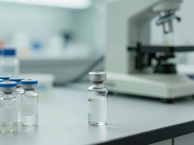 Clean clinical laboratory setting with glass vials and stainless steel equipment under soft overcast daylight, desaturated green tones, sharp focus, high-end editorial style