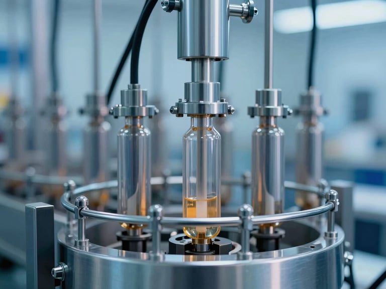 Premium industrial photography of a clean automated bottling line, cool daylight with metallic blue undertones, sharp macro focus, 35mm