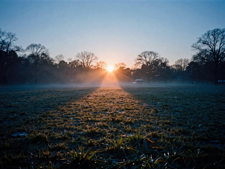 Wide panoramic shot of McKey Park at dawn, cool blue morning mist rising from wet grass, dramatic shadows, warm orange sunrise flare on the horizon, raw 35mm film style.