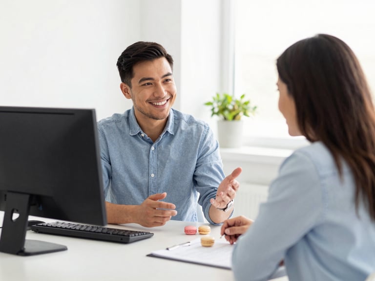 A friendly IT consultant talking to a business owner in a bright, modern Iowa office, soft daylight, 35mm