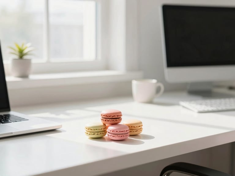 A bright, clean office workspace in Des Moines, soft natural daylight, pastel accents, 35mm
