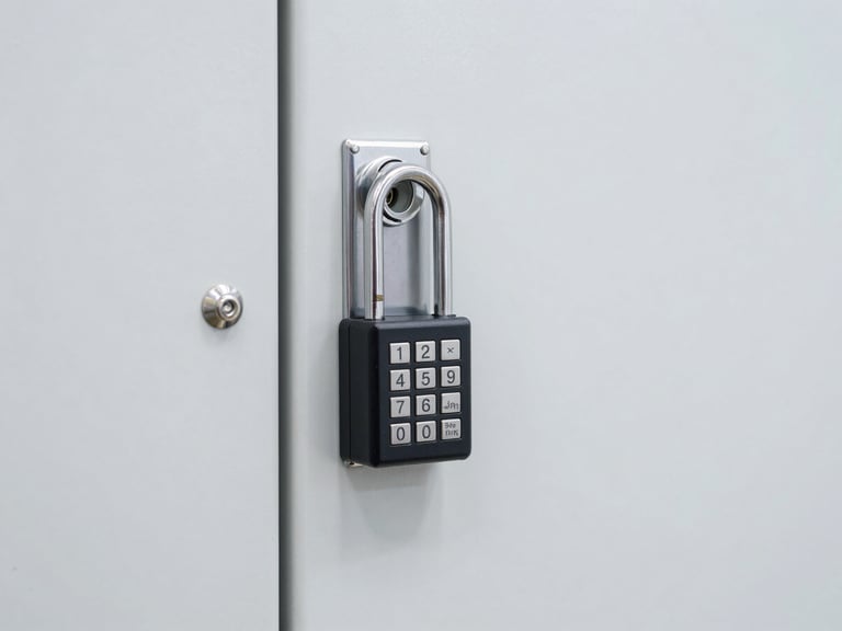 Crisp close-up of a secure electronic keypad lock on a clean steel storage unit door, bright clinical lighting, sharp focus.