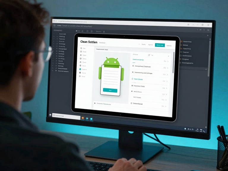 Over-the-shoulder view of a developer analyzing clean code on a monitor, with an Android tablet displaying a responsive app layout, cool cyan backlighting