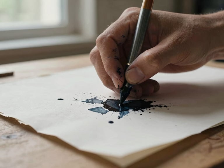 Macro close-up of ink-stained hands working on heavy deckled-edge paper, soft natural light from a side window, raw textures.