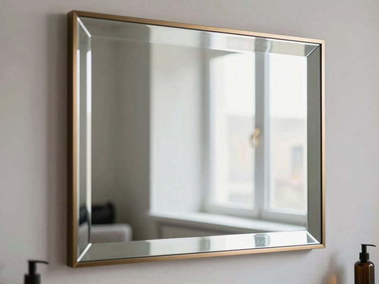 A luxury dressing room featuring a custom low-iron decorative mirror with precision mitred edges, reflecting bright diffused window light, minimal bronze accents
