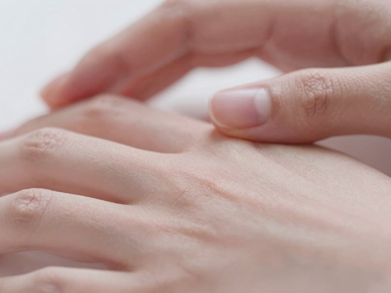 Macro close-up of soft glowing skin, gentle touch of hands, warm diffused daylight, muted dusty rose tones, shallow depth of field