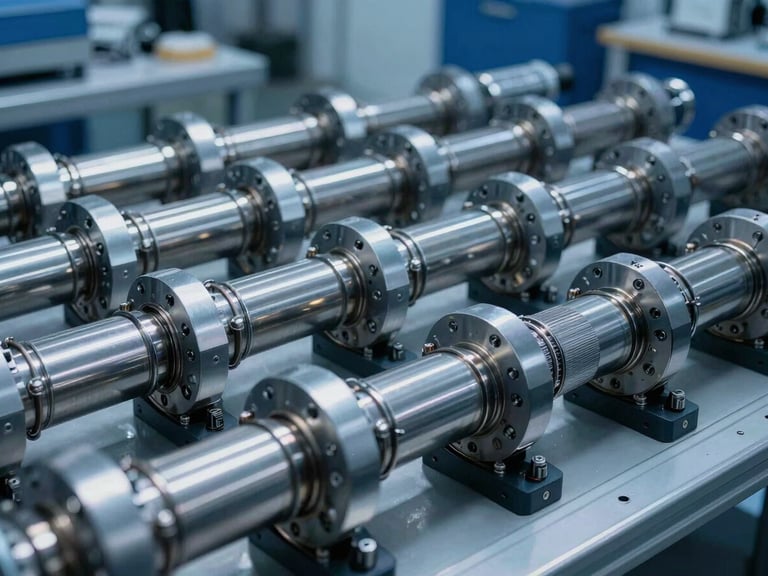 Wide-angle shot of organized pneumatic manifolds on a clean testing bench, sharp focus, deep blue and steel tones.