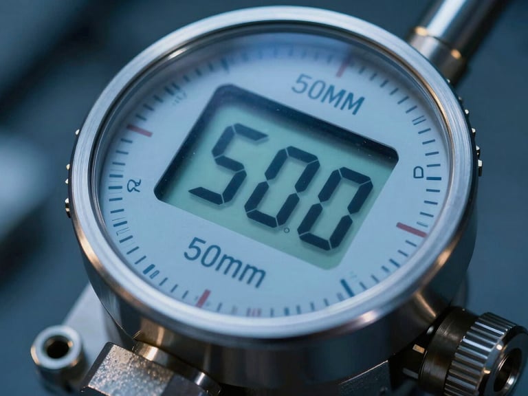 Macro close-up of a digital pressure transmitter with metallic reflections, dramatic side-lighting, industrial grade.