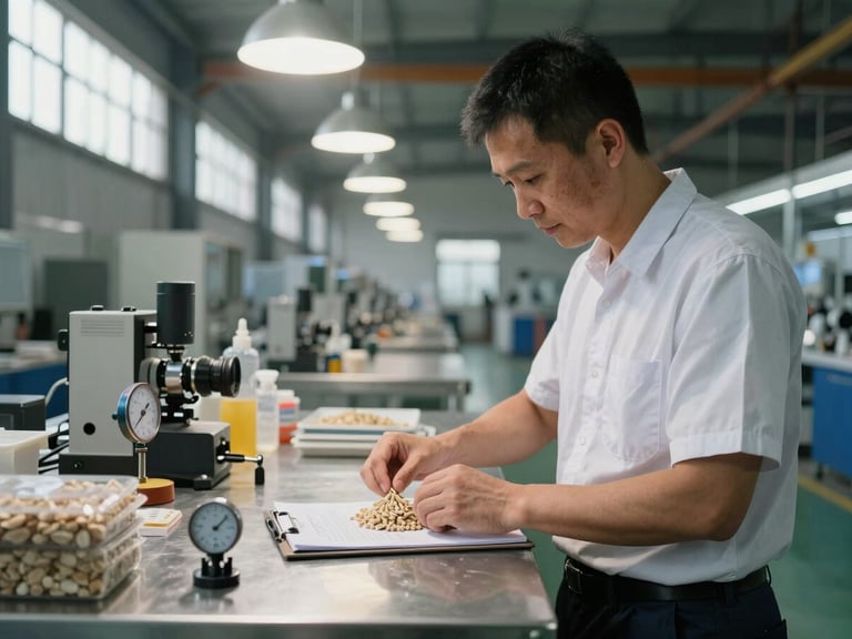Quality inspector at a factory checkpoint examining bulk product samples on a metal table, clipboard and measuring instruments visible, strong overhead factory lighting from high windows, production floor visible in background depth