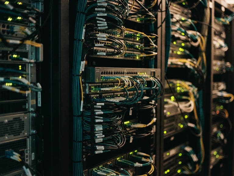 Close-up of clean telecommunication racks with subtle green and gold LED glows, warm editorial photography, shallow depth of field, 35mm