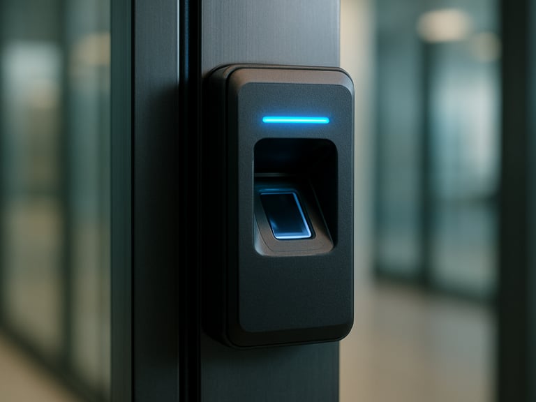 Macro close-up of a biometric fingerprint scanner mounted on a modern glass door frame, cool blue status LED, sharp focus, commercial interior lighting.