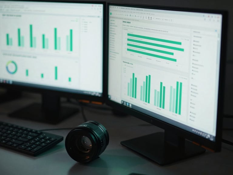Cool-toned macro shot of dual-monitor setup showing complex Meta Ads Manager data dashboards, glowing green charts reflecting off a dark glass desk, 35mm lens.