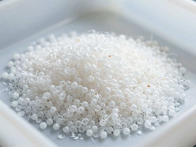 A pile of raw recycled nylon pellets in a clean laboratory container, bright neutral daylight, sharp focus, industrial clean aesthetic, 35mm