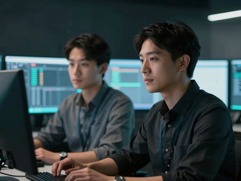 Candid, high-focus portrait of two system architects in a dark-mode command center environment, cool cyan rim-lighting reflecting off monitor screens.