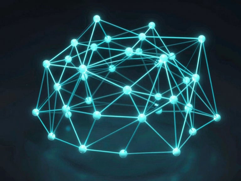 High-fidelity abstract 3D render of a structured node network, glowing cyan lines connecting data blocks on a dark background, architectural perspective.