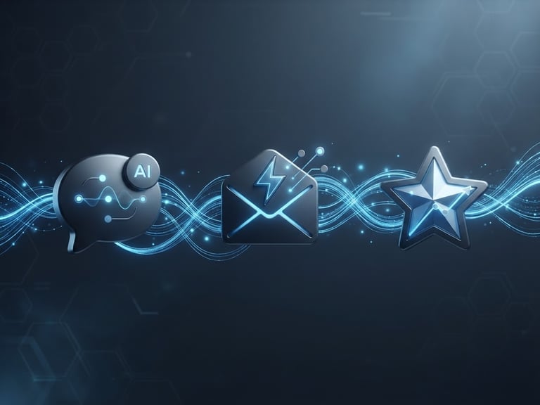 Clean 3D render of three distinct AI agent icons (chat bubble, email envelope, review star) connected by subtle electric blue data flows, against a deep slate background, minimalist tech aesthetic, cool studio lighting, sharp focus.