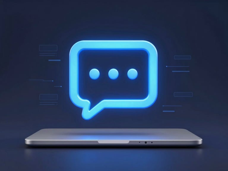 Clean 3D render of a chat bubble icon with electric blue glow, connected to a minimalist e-commerce interface mockup on a laptop, subtle data flows, deep slate background, cool studio lighting, sharp focus.