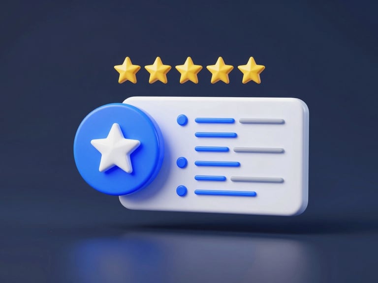 Clean 3D render of a five-star review icon with electric blue glow, connected to a customer feedback interface mockup, data flows showing positive and negative paths, deep slate background, cool studio lighting, sharp focus.