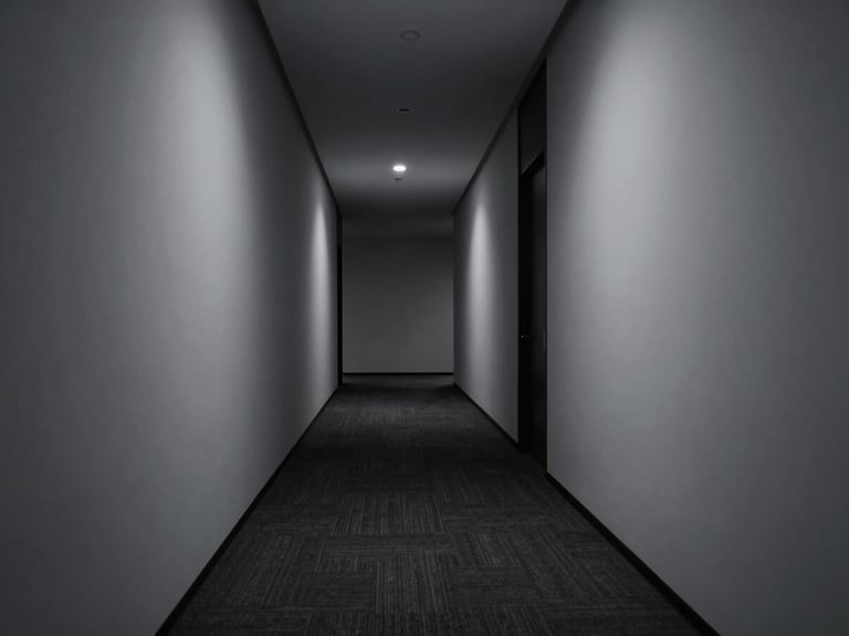 Minimalist corporate office hallway, sharp architectural lines, dramatic low-key lighting, cool desaturated tones, deep shadows