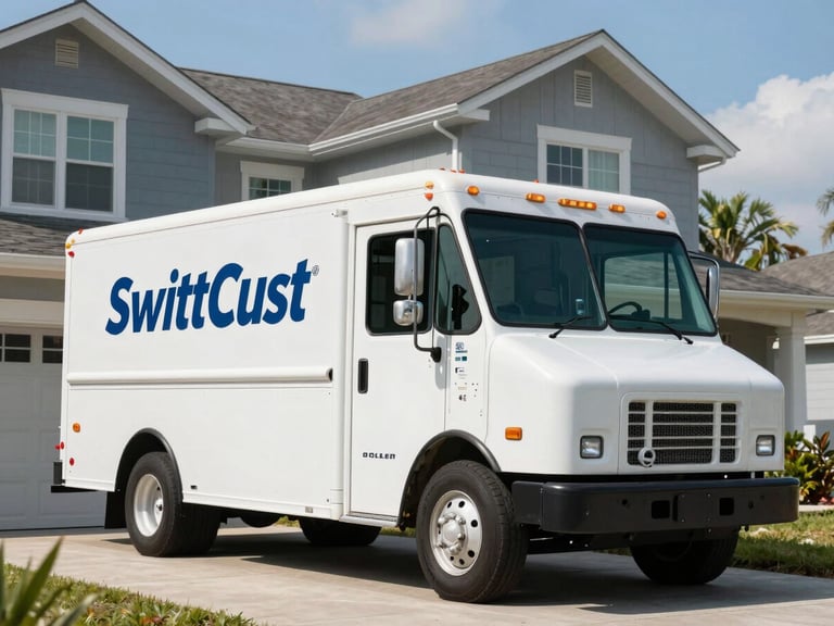 A dispatched SwiftCurrent service truck parked in front of a modern home in Longwood, Florida, under bright natural sunlight, heroic low-angle shot