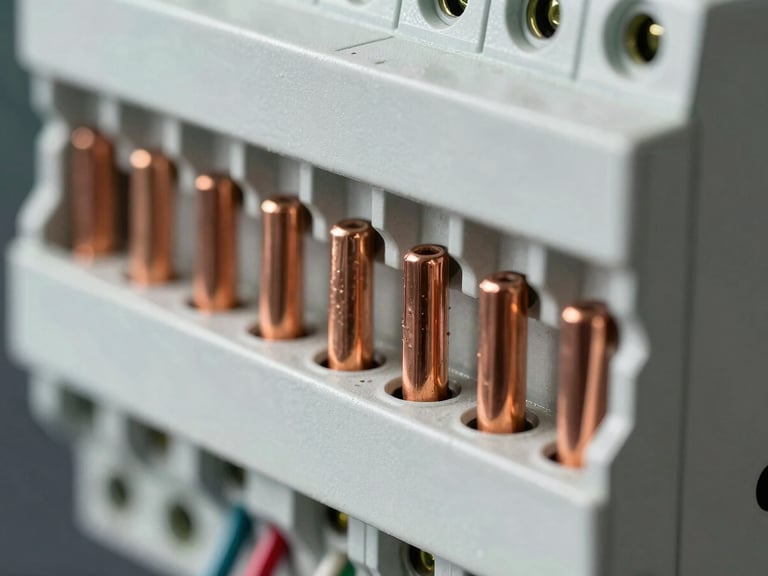 Macro close-up of a perfectly routed breaker panel with heavy-duty copper wiring, clean industrial layout, sharp technical utility lighting highlighting copper-to-copper connections.