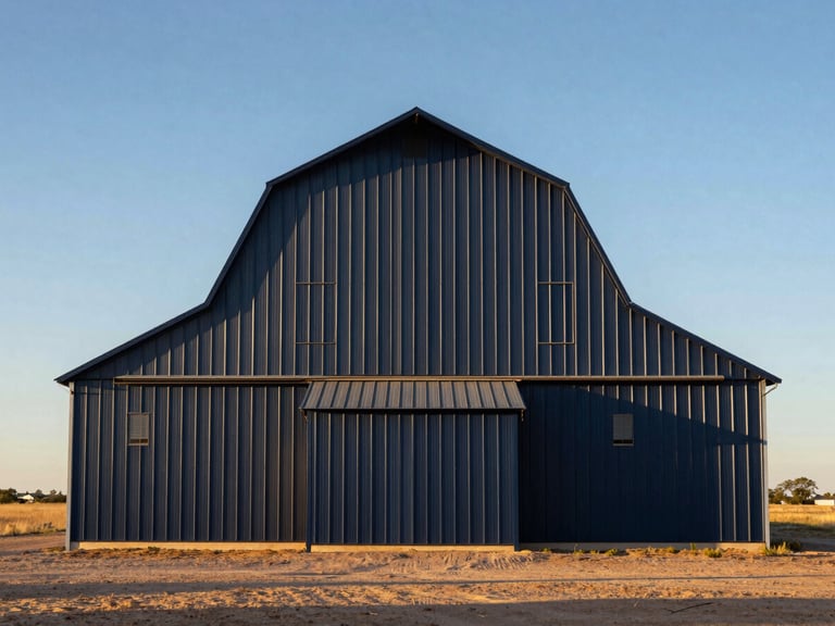 Straight-on architectural low-angle shot of a massive engineered metal barn standing in a dusty Texas pasture under a harsh golden hour sun, high contrast.