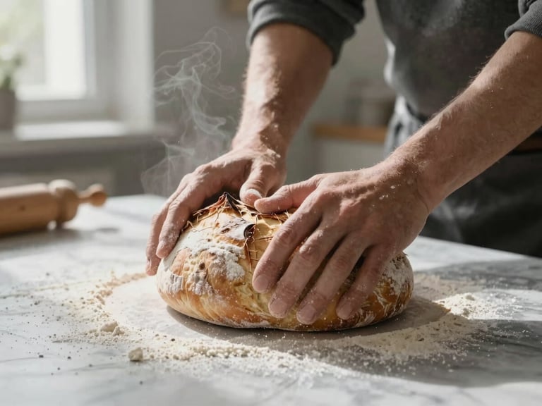 Close-up of hands kneading sourdough on a floured marble counter, steam rising subtly in the background under directional window light.