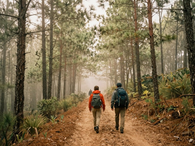 Hikers walking on a narrow dirt path through tall pine forests in Hidalgo, misty morning fog filtering through the canopy, atmospheric travel photography