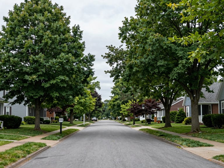 Wide environmental shot of a quiet residential street in Upper Arlington lined with mature maple trees, overcast sky, slate gray tones