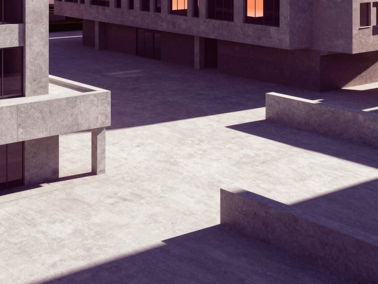 A highly detailed 3D architectural rendering of a modern urban plaza in Nancy, concrete structures, dramatic sunset casting deep purple shadows, sharp focus, editorial style
