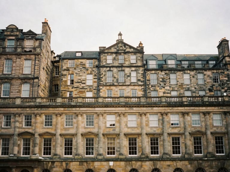 Warm editorial photography of a classic Edinburgh Georgian sandstone townhouse facade in New Town, soft overcast Scottish daylight, medium format film, architectural detail.