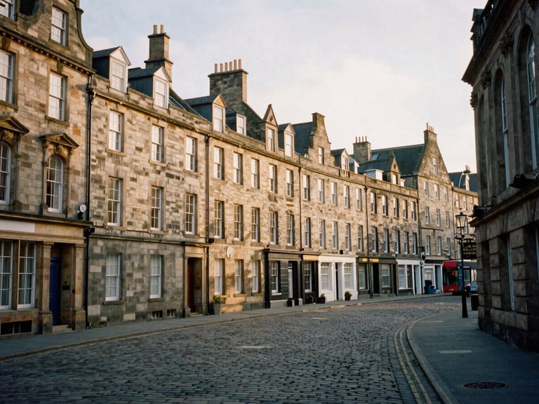 A quiet historic streetscape in Stockbridge, Edinburgh, with cobblestones and elegant sandstone buildings, soft low-contrast golden hour light, medium format film.