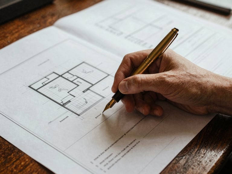 Close-up detail of a hand holding a brass fountain pen over architectural blueprints and financial spreadsheets on a dark oak desk, warm interior lamplight, editorial photography.