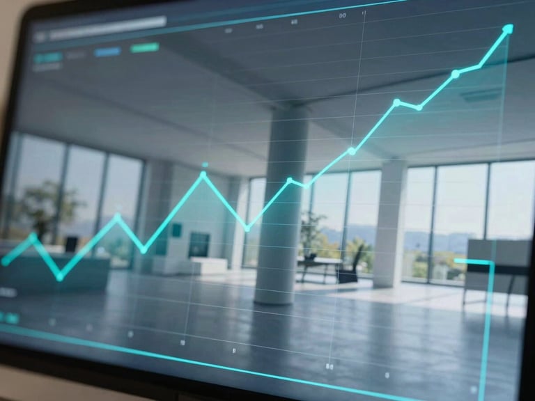 Close-up of a data visualization interface on a smart glass panel, displaying complex real-time metrics with cyan lines, architectural interior, sharp focus.