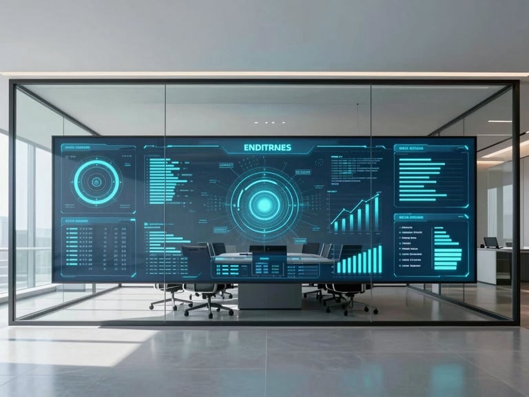 Wide shot of a modern corporate boardroom, a large architectural smart glass partition wall displaying interactive data visualizations, cool crisp daylight, cyan emissive light from screen.