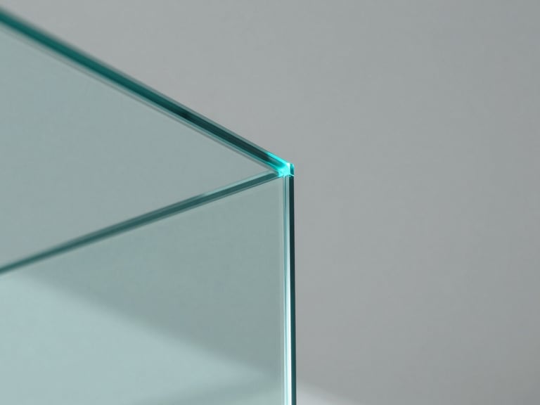 Macro detail shot of a smart glass panel edge, showing zero-bezel integration into a structural wall, refracting cyan light, minimalist corporate aesthetic.
