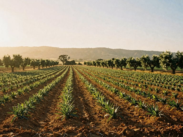 Wide panoramic shot of a sun-baked Southern California valley farm with neat rows of crops, olive trees in the background, golden haze, 35mm film.