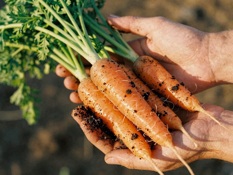 Close-up of freshly picked organic carrots with green tops, held by hands covered in rich dark soil, warm golden-hour California sunlight, 35mm film.