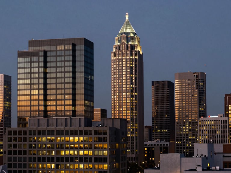 Wide shot of Atlanta skyline at dusk, sharp architectural photography, clean interior lighting, deep charcoal and amber tones, high detail, 35mm