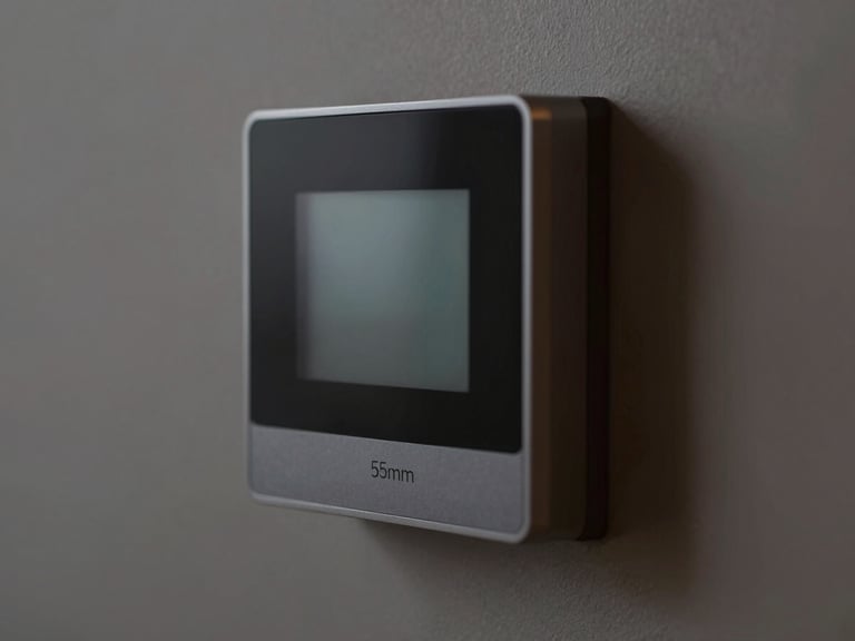 Macro shot of a modern, minimalist smart thermostat integrated flush into a wall, showing a subtle temperature display, clean interior lighting, deep charcoal and amber tones, high detail, 35mm