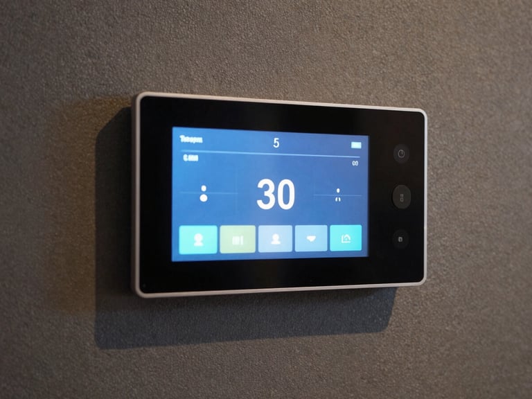 Close-up of a flush-mounted smart home touch panel on a textured wall, displaying a lighting control interface, clean interior lighting, deep charcoal and amber tones, high detail, 35mm