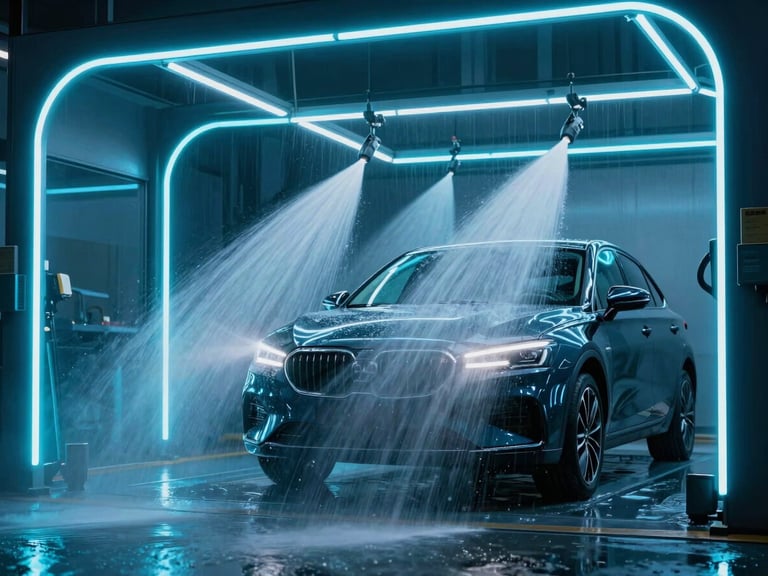 Wide-angle shot of a clean car inside an automated wash bay, bright cyan neon arches illuminating high-pressure water jets spraying a dark vehicle