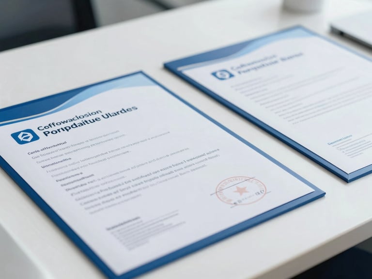 Close-up of official software license keys and certificates on a modern desk, clean corporate photography, bright natural daylight, cool blue and white tones, sharp focus, professional enterprise environments