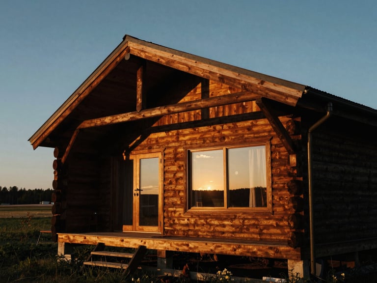 Dramatic architectural wide shot of a luxury wooden cabin at twilight, warm golden-hour side-lighting, deep rich wood tones, medium format film look