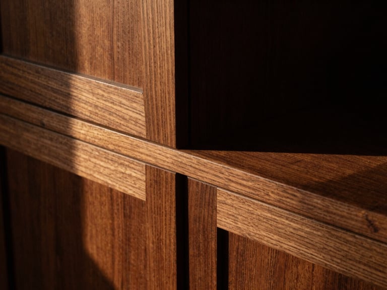 Close-up of flawless mortise-and-tenon joinery on a rich walnut cabinet, low-key dramatic side-lighting, deep shadows emphasizing wood grain depth, medium format film look