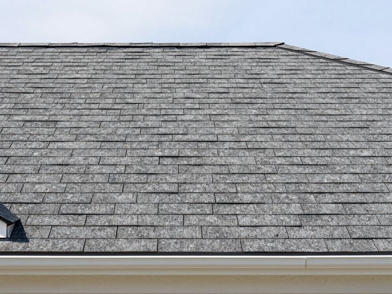 Straight-on medium shot of clean residential roofline with newly replaced shingles, bright daylight